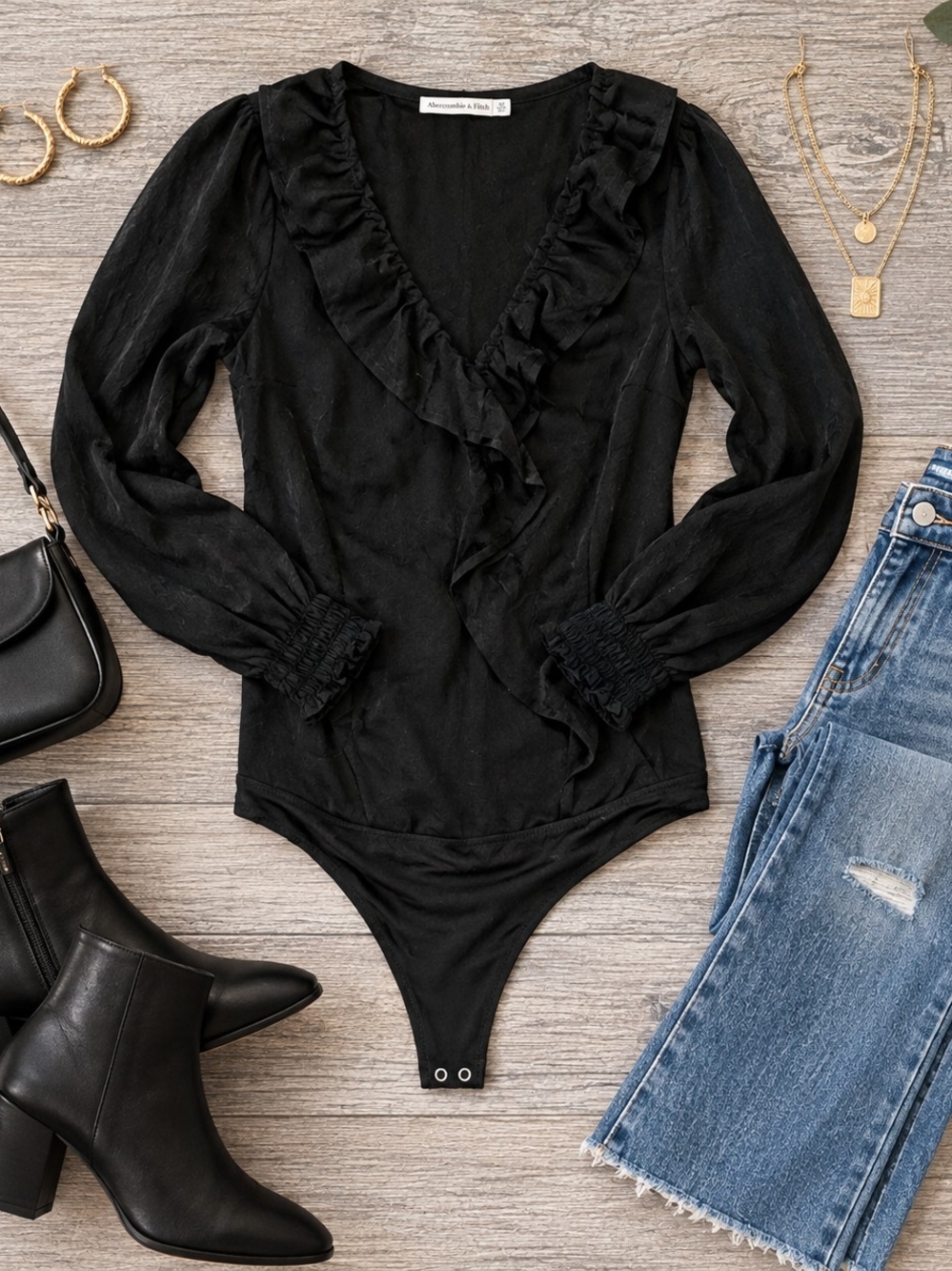 Abercrombie & Fitch Black Ruffle V-Neck Long Sleeve Black Sheer Bodysuit